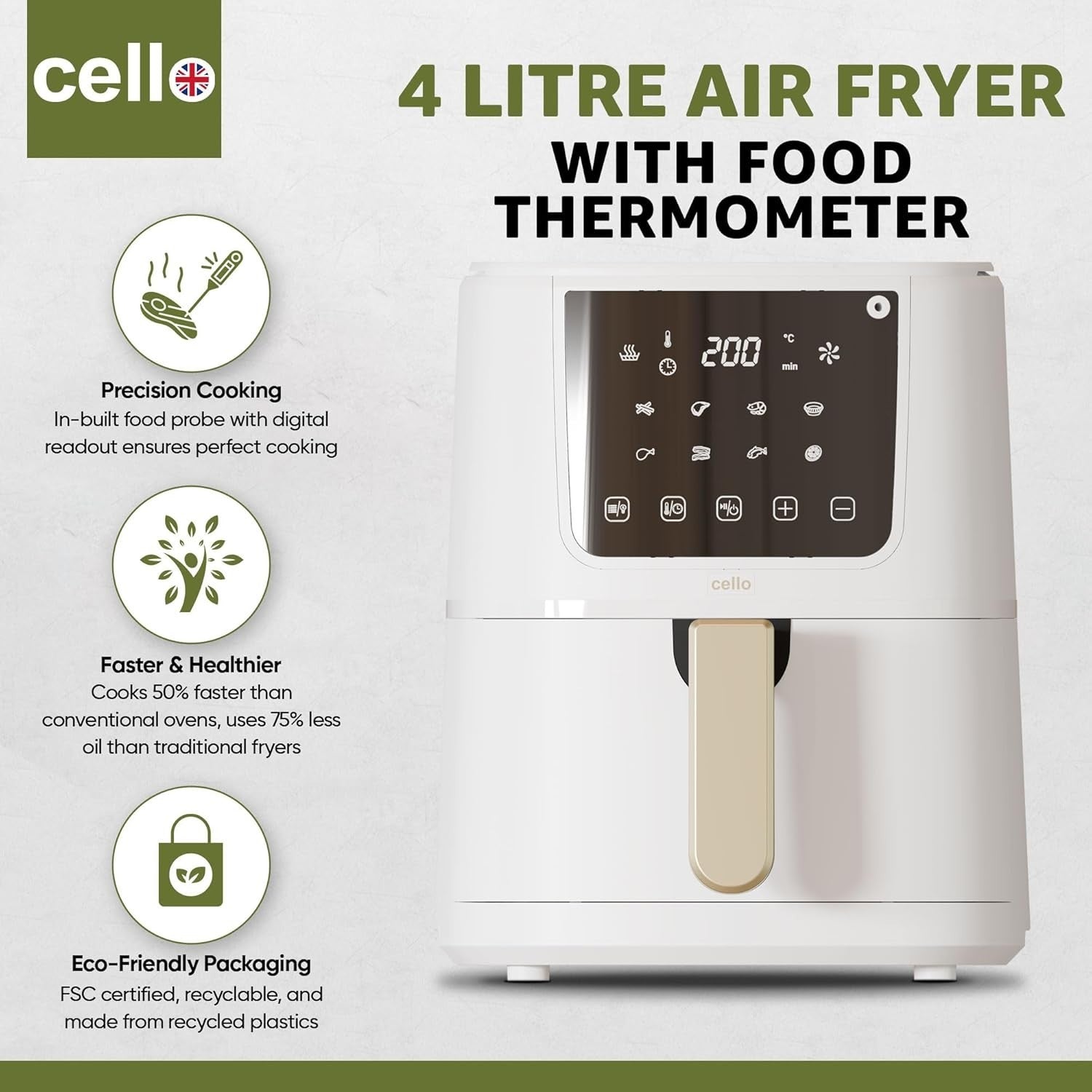 4L White Digital Air Fryer 1400W | ProChef Thermometer | 8 Presets | Compact