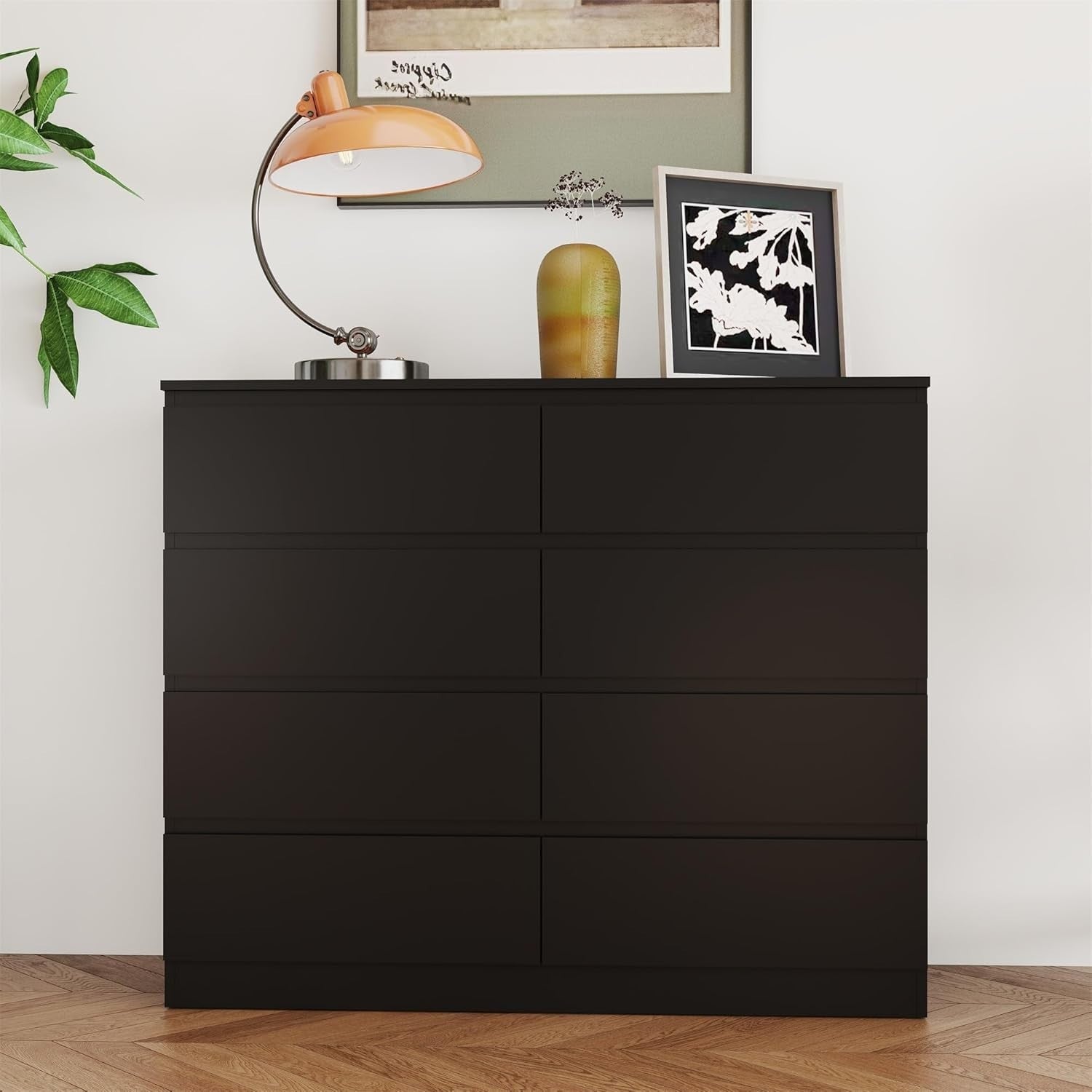 Black 8 Drawer Wide Chest Storage Unit No Handle Modern Bedroom Dresser