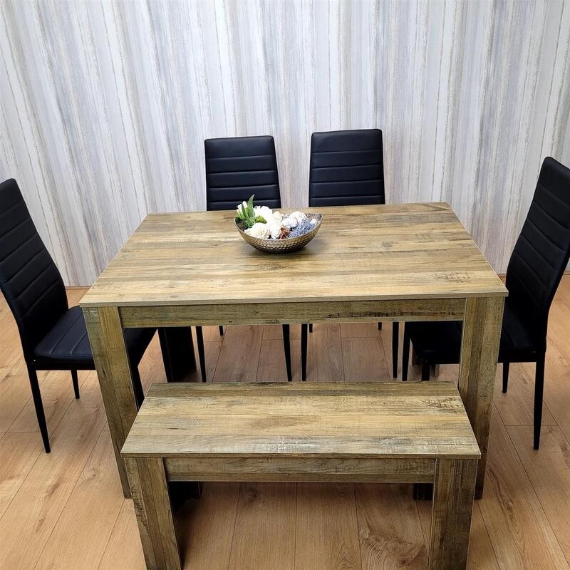 Rustic Dining Table Set with 4 Black Leather Chairs & Bench, 6 Seater