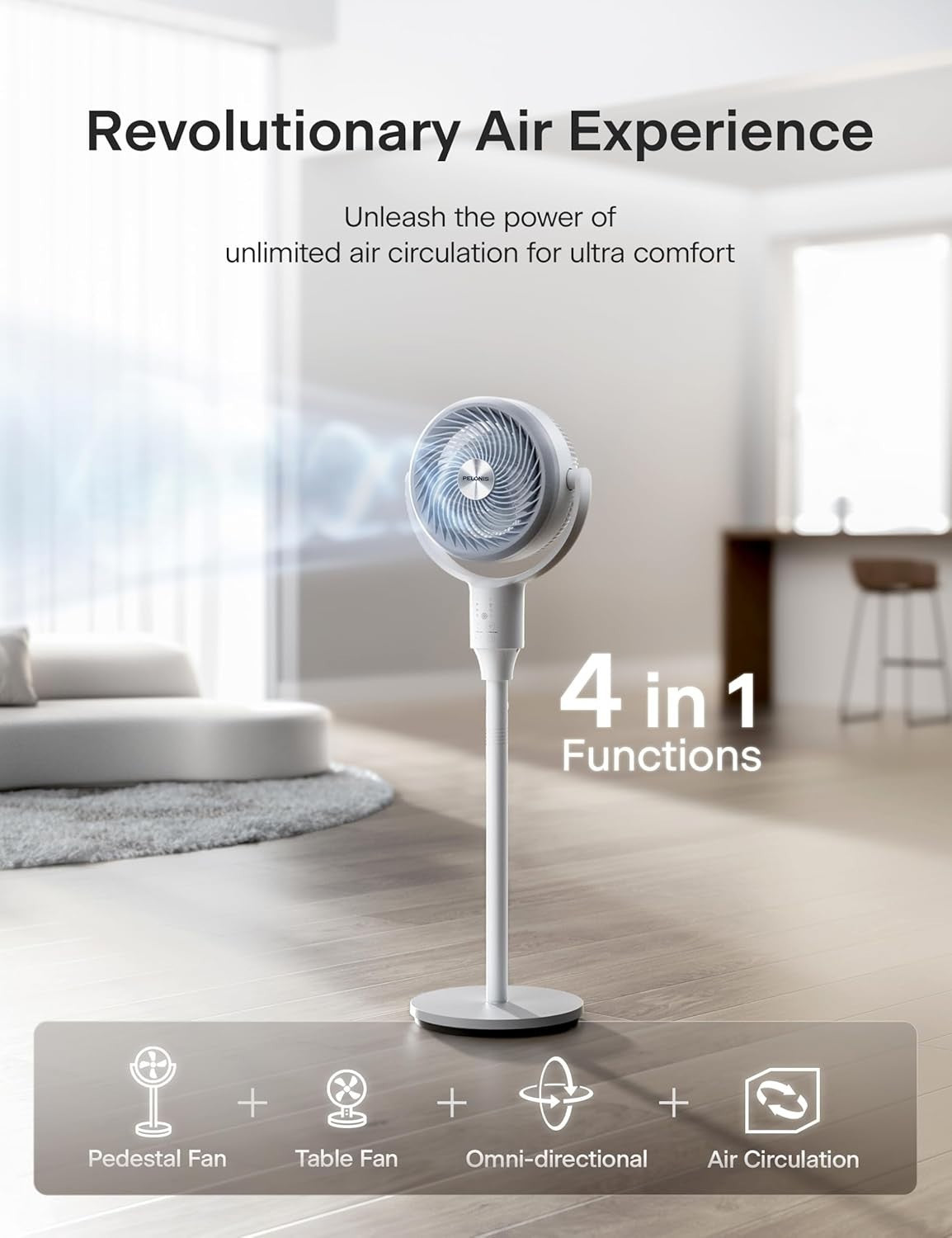 Adjustable Standing Fan White – 3-Speed Quiet Oscillating Air Circulator Remote