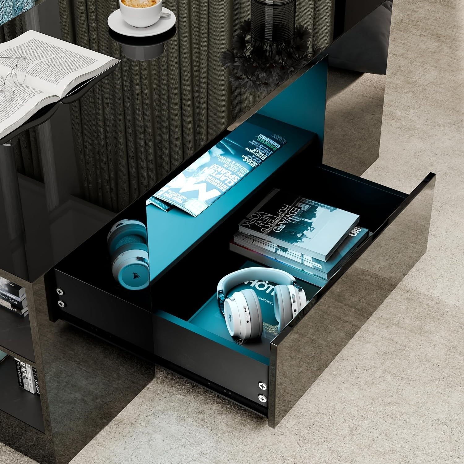 Black High Gloss Coffee Table with LED Lights, 2 Drawers & Storage 95x55x37cm