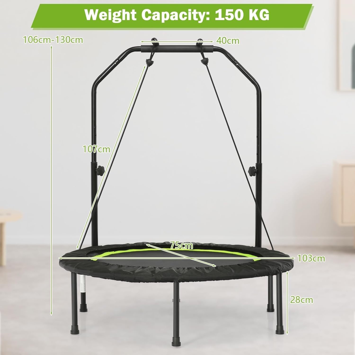 40in Foldable Fitness Trampoline Adjustable Handle Resistance Bands