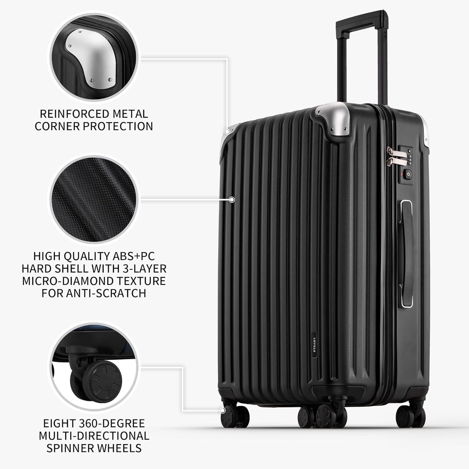 3 Piece ABS PC Hard Shell Suitcase Set 4 Wheel TSA Cabin Large