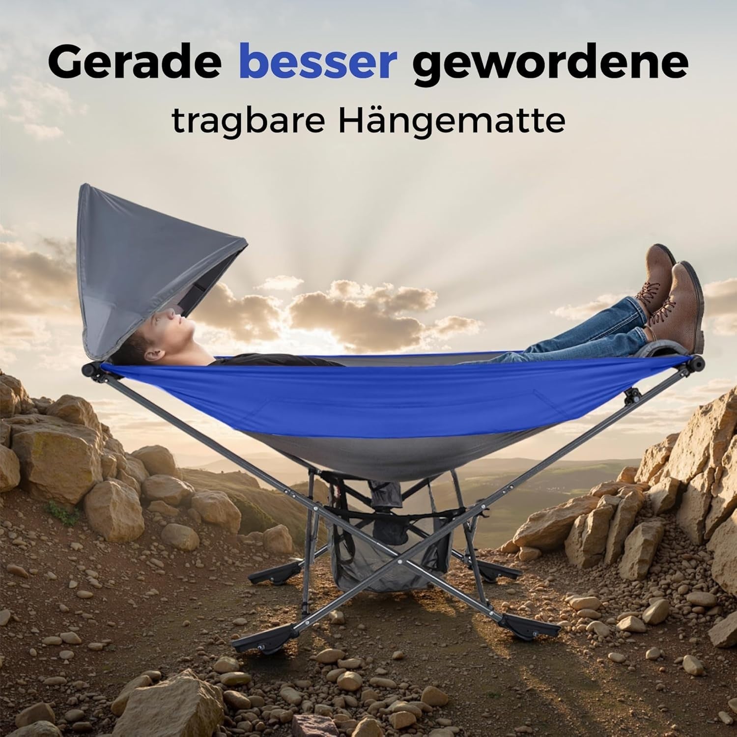 Blue Portable Hammock with Stand & Adjustable Canopy | 168x76cm Heavy-Duty