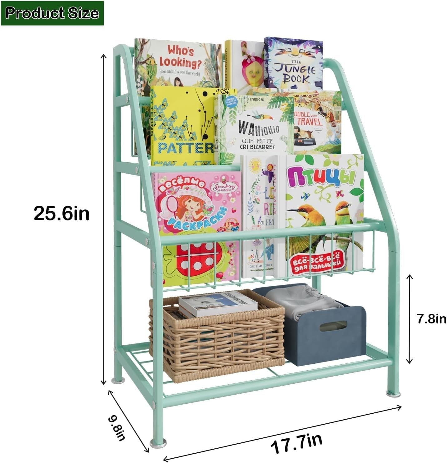 Kids Leaning Bookshelf & Toy Organizer Rack – Durable Metal, Space Saving