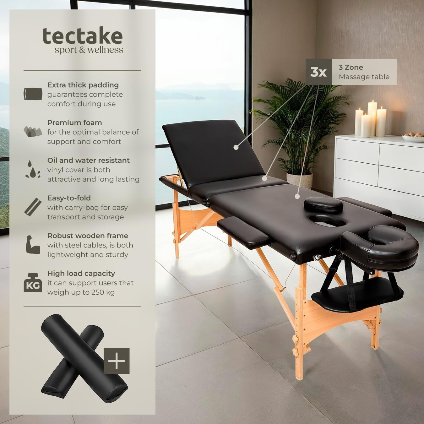 Portable Massage Table Foldable Adjustable Beauty Therapy Bed PVC Cover Black
