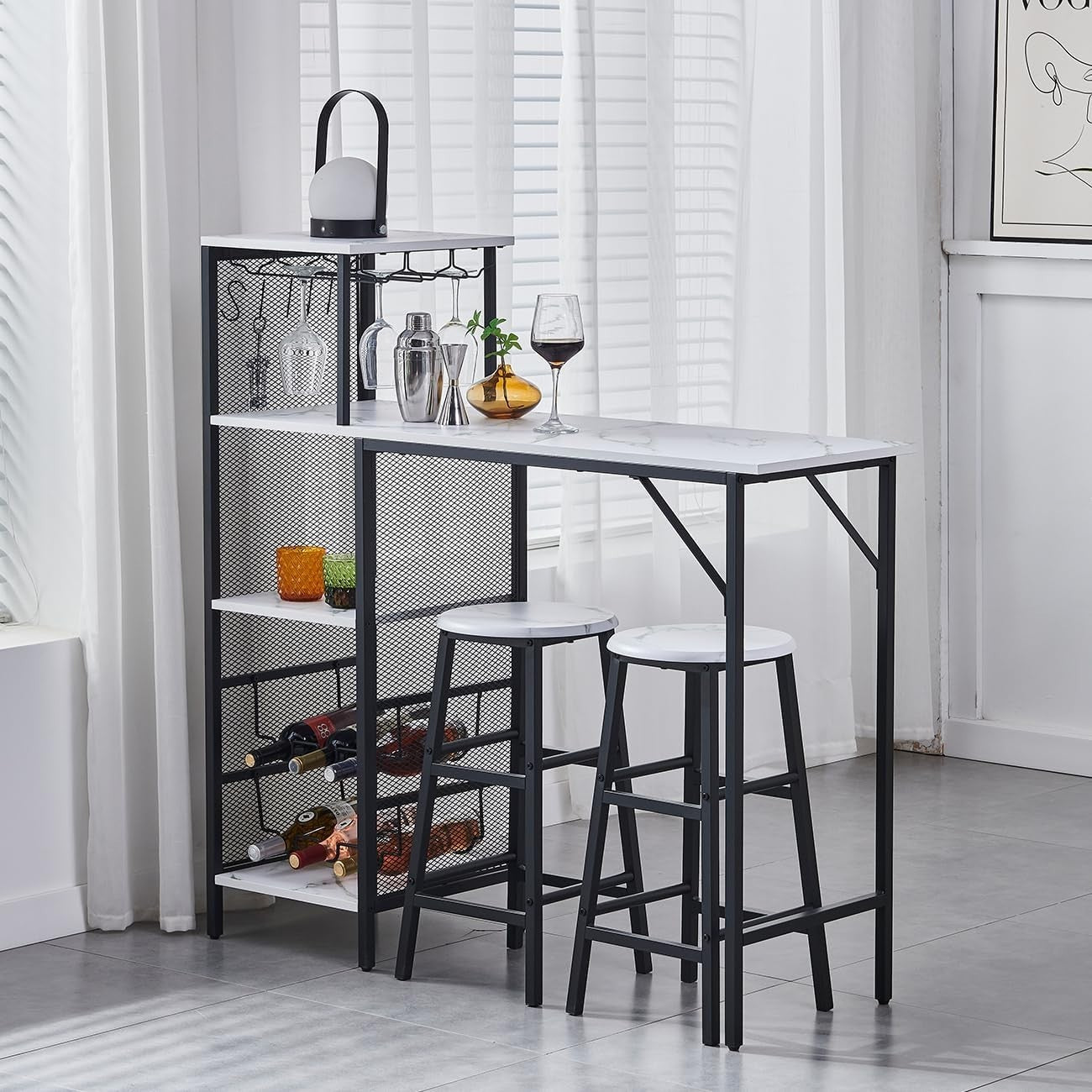 3Pcs Bar Table Set with Stools Wine Rack Cup Holder White Marble Dining Unit