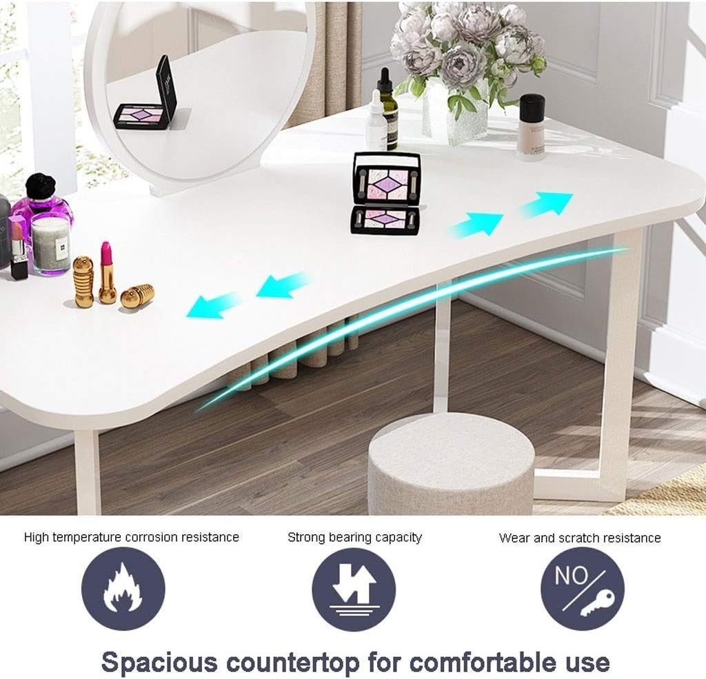 Dressing Table Stool Set Vanity Desk w/Mirror Storage Wood Steel Frame Makeup