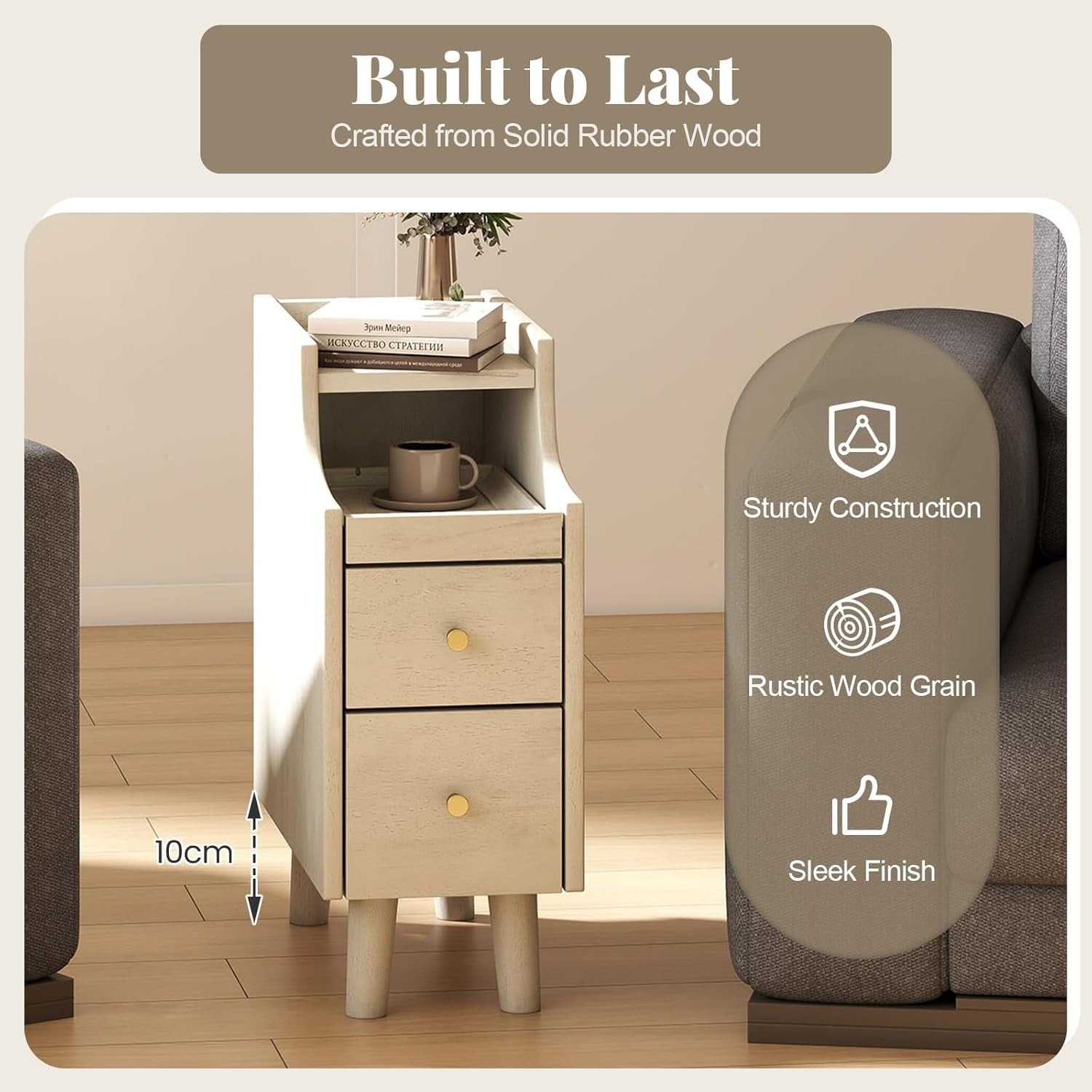 Slim White Bedside Table with 2 Drawers, Pull-Out Tray & Cable Hole, 41x20x50cm