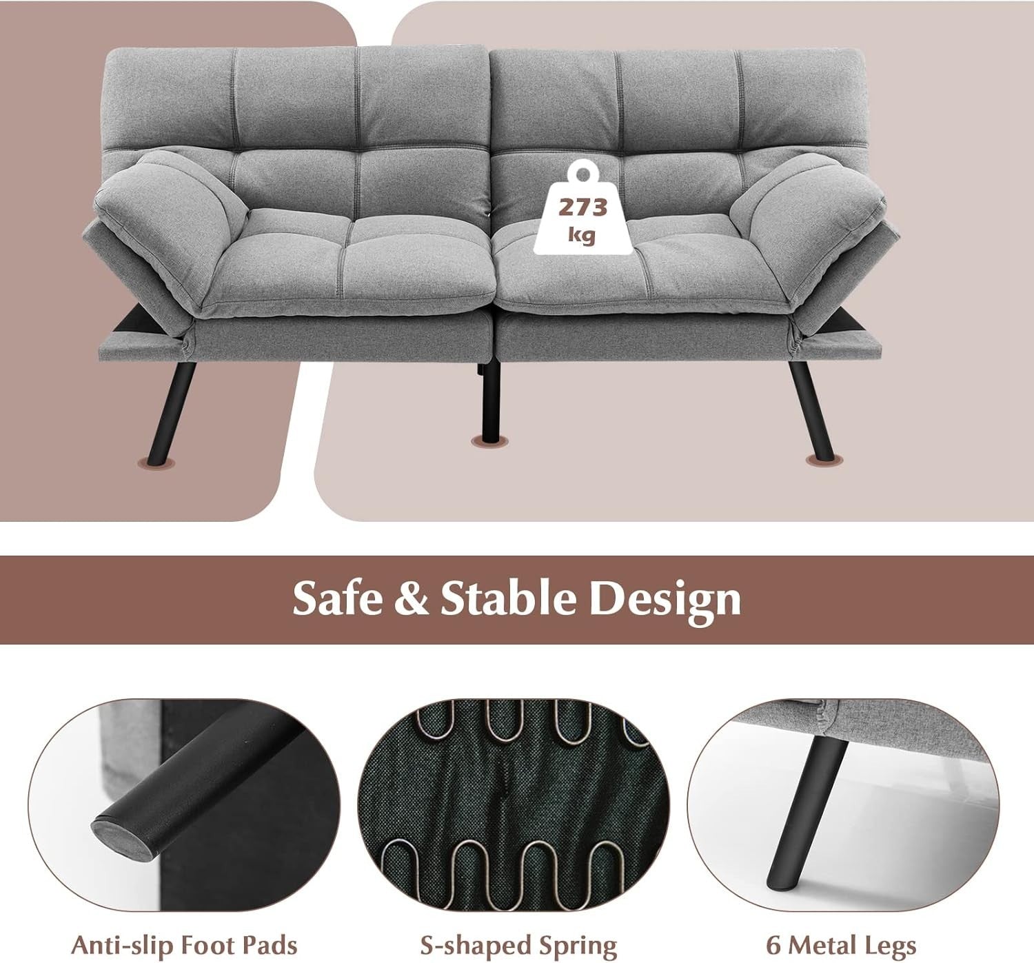 Grey Linen 2/3 Seater Sofa Bed Click Clack Recliner Adjustable Armrests