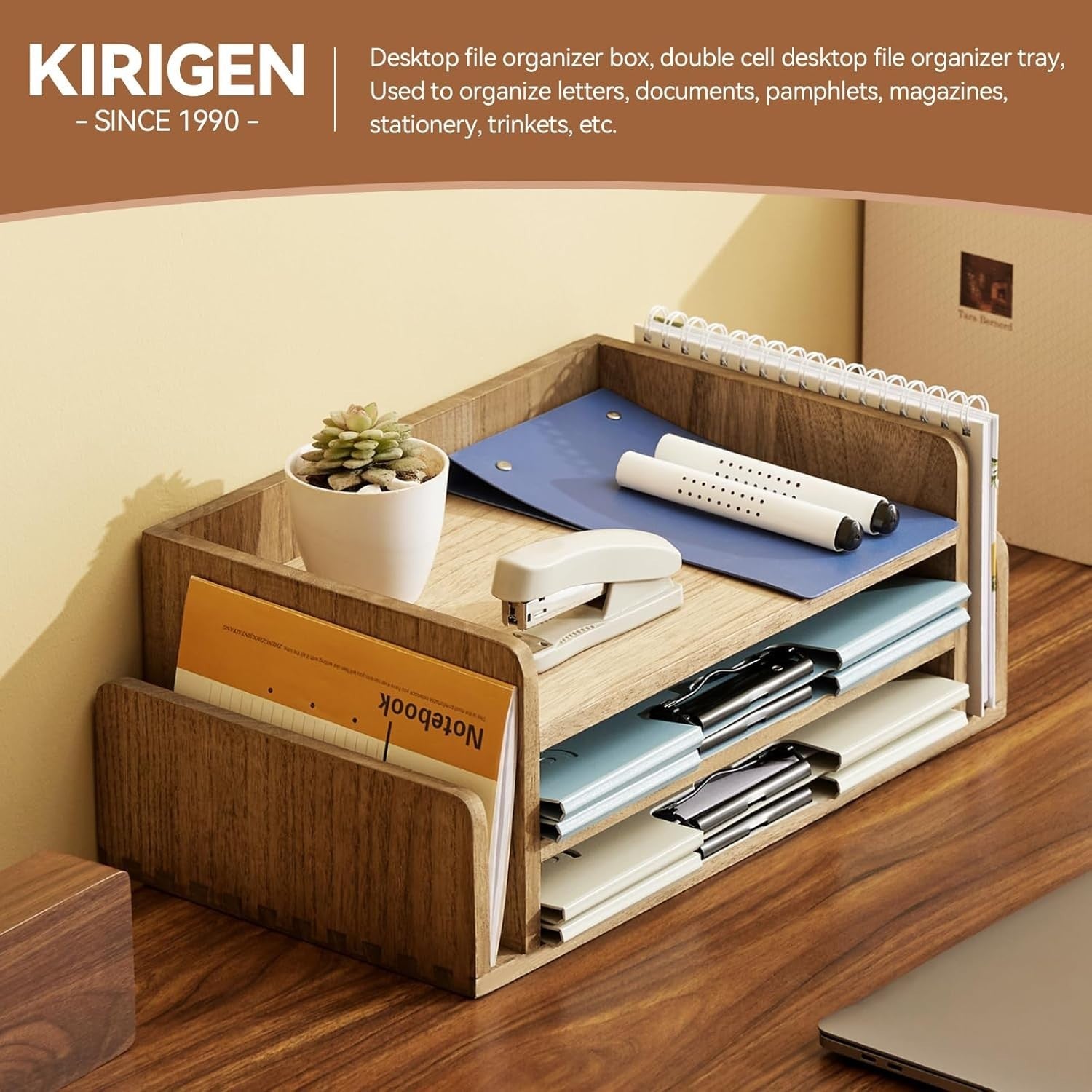 3-Tier Wooden Desk Document Tray Organizer for Mail, Files & Stationery