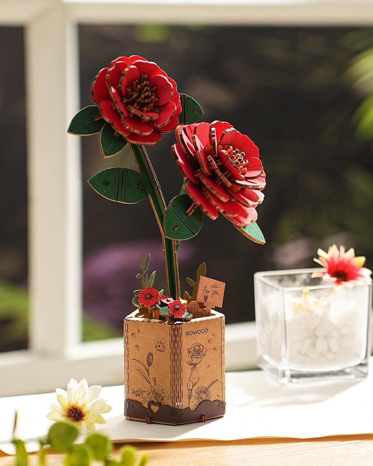 DIY 3D Wooden Red Camellia Flower Puzzle Kit – Unique Gift & Decor