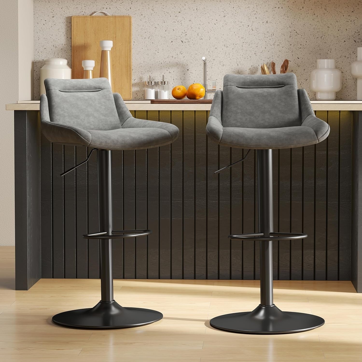 Grey PU Leather Bar Stools Set of 2 – Adjustable Rotating Kitchen Chairs