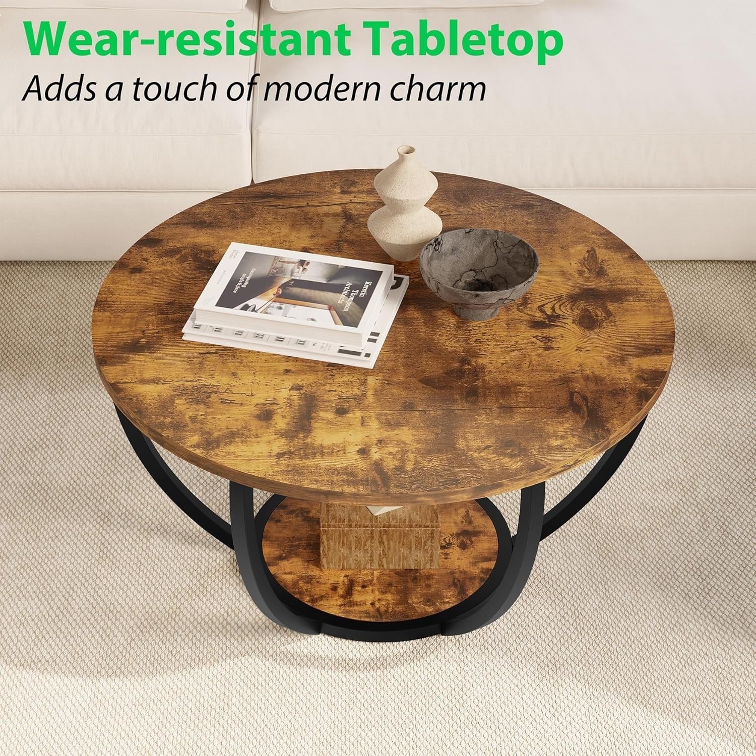 28" Round 2-Tier Coffee Table with Storage Shelves, Wood Top & Metal Frame Brown