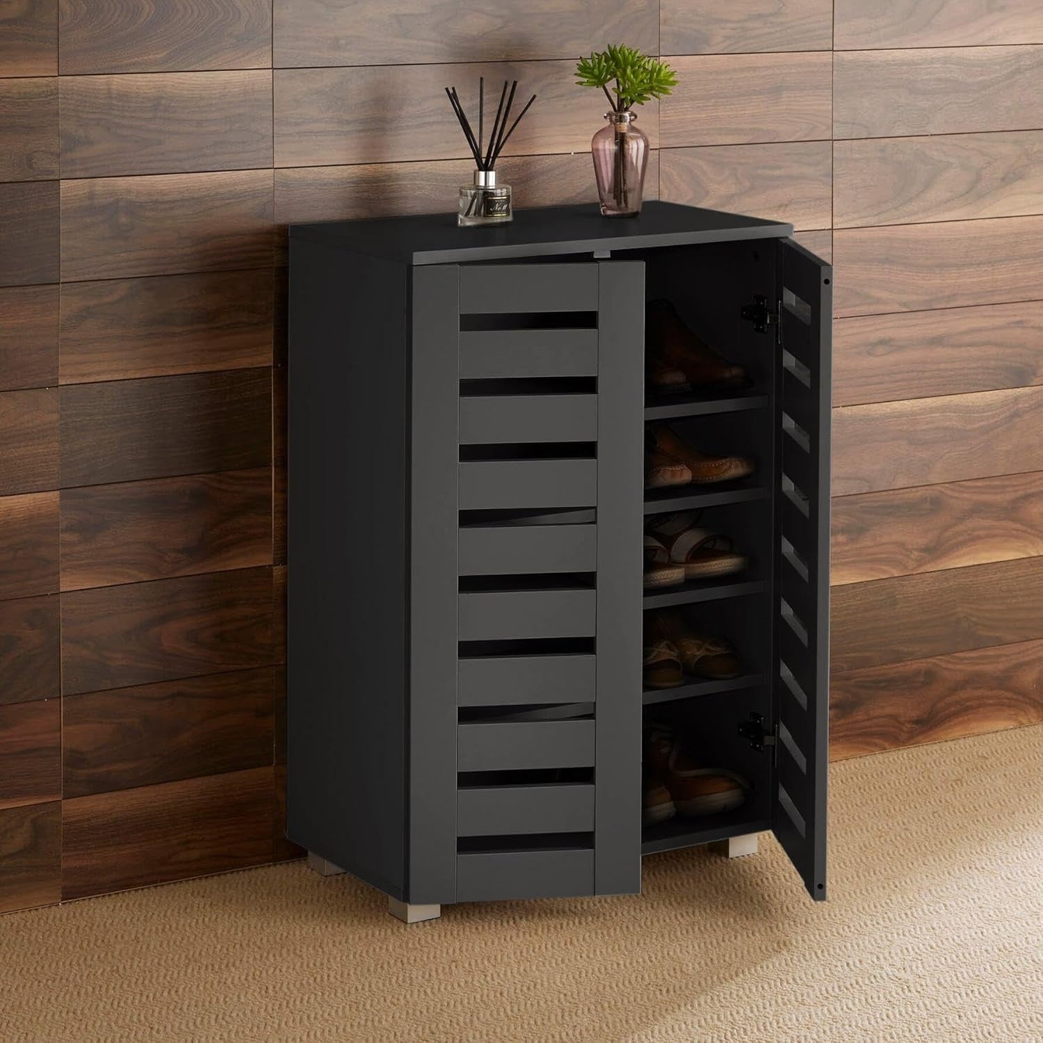 Black Wooden Shoe Cabinet with Slatted Doors, 2 Door Storage Cupboard Unit