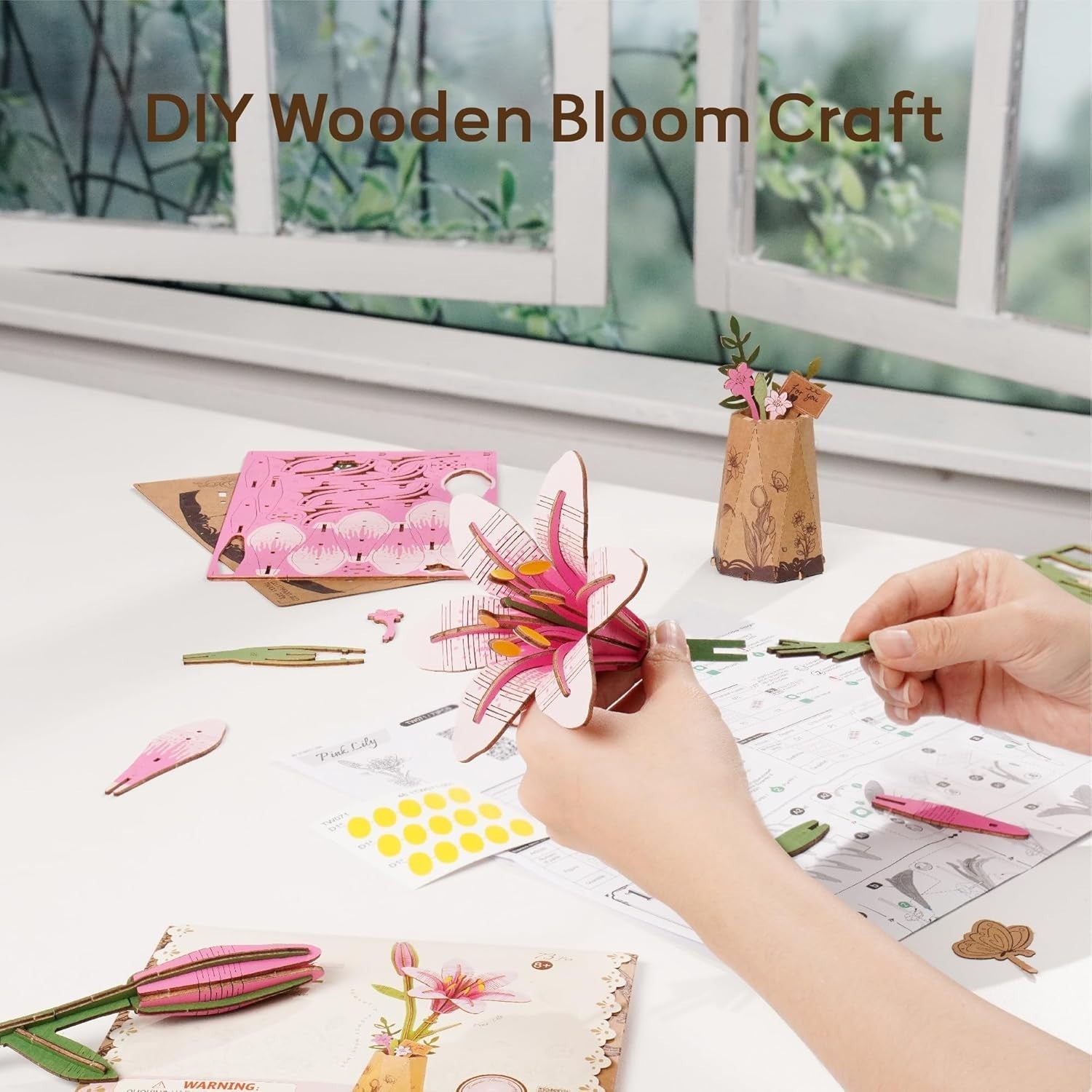 3D Wooden Flower Puzzle Pink Lily - DIY Craft Kit, Perfect Gift & Decor