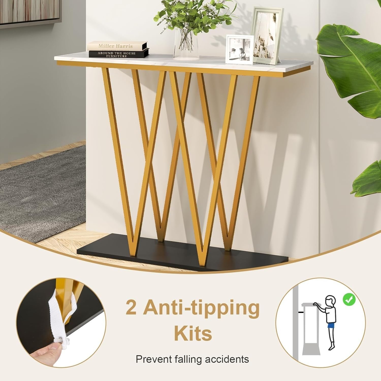 Faux Marble Console Table Slim Entryway Gold Metal Frame 100x30x79cm