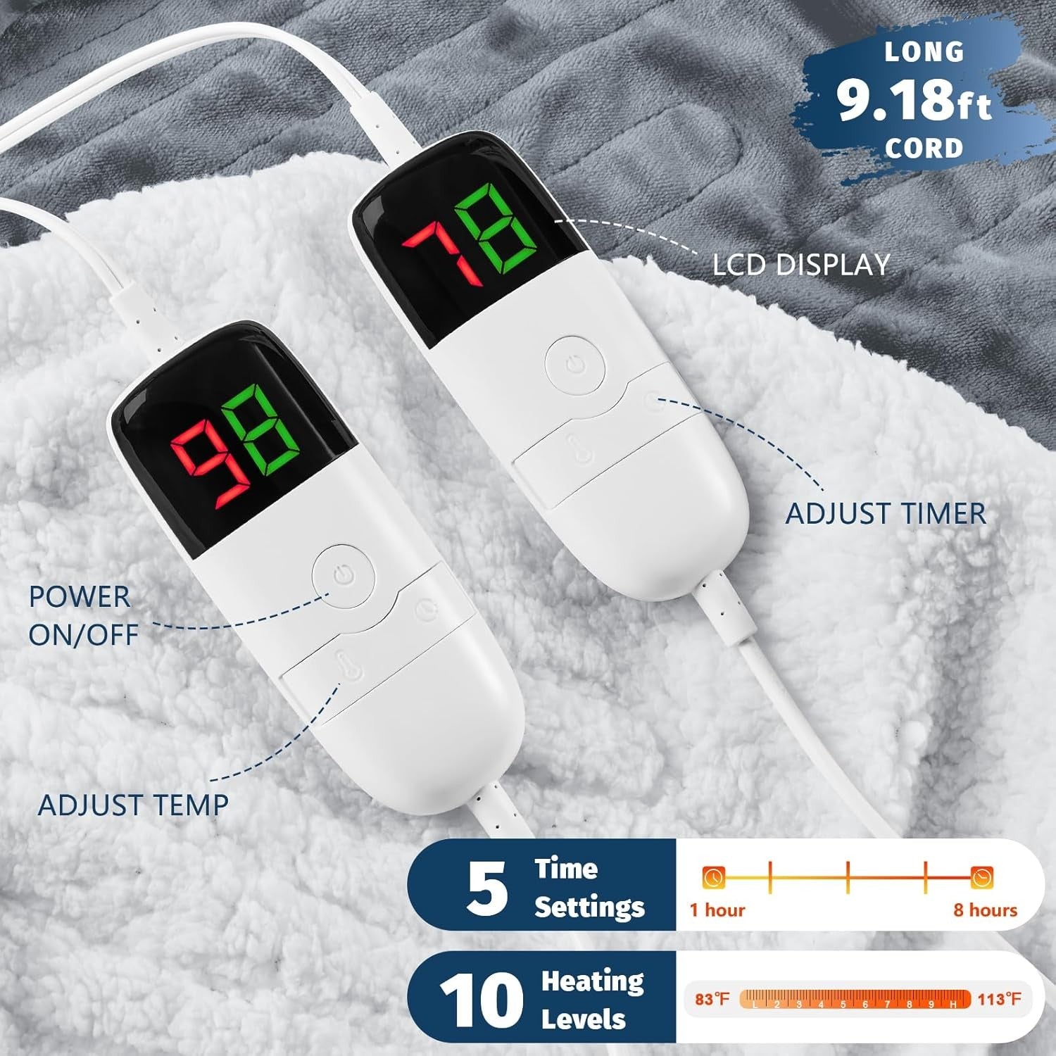 Queen Heated Electric Blanket Dual Control 10 Heat Levels Grey