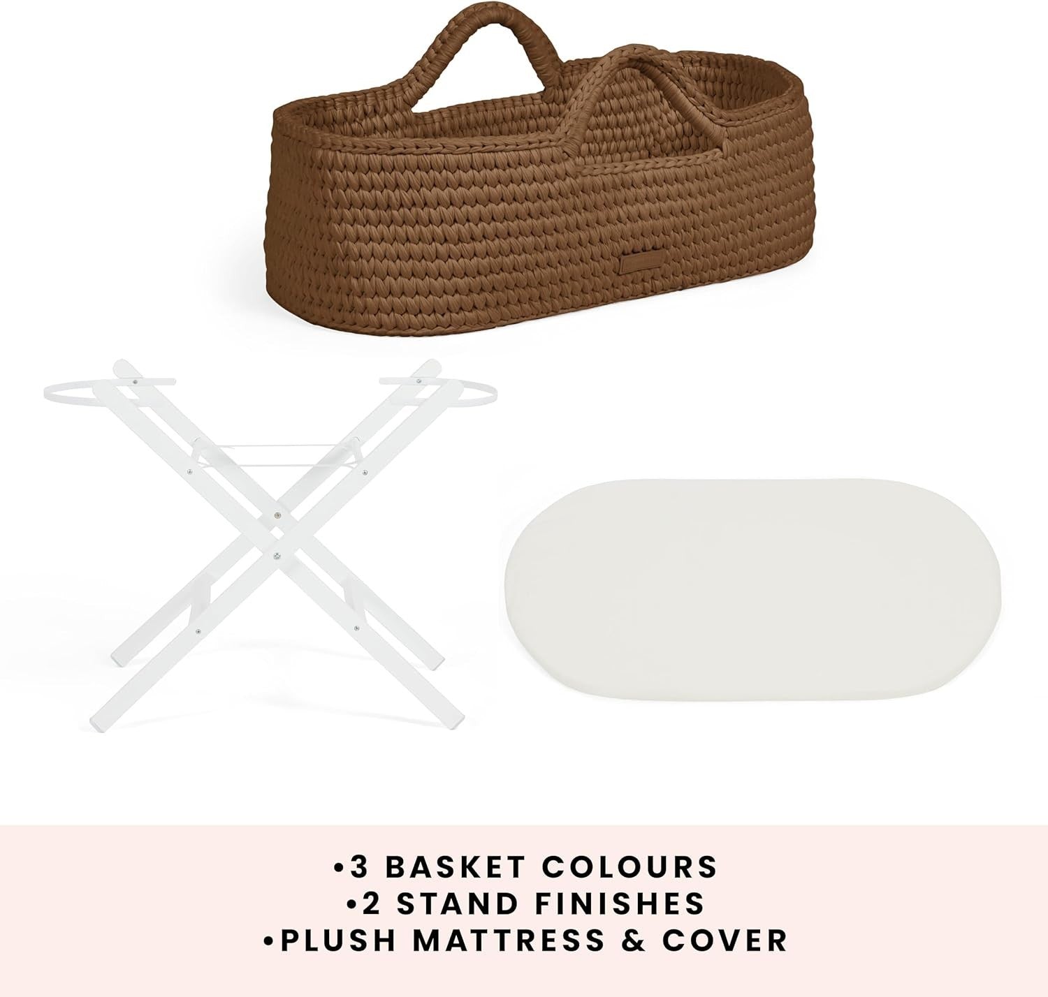 Crochet Moses Basket with Foldable Stand & Mattress Lightweight Mocha White