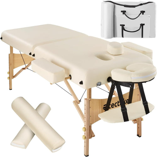 Portable Massage Table Foldable Beech Frame 7.5cm Padded Beauty Bed Beige