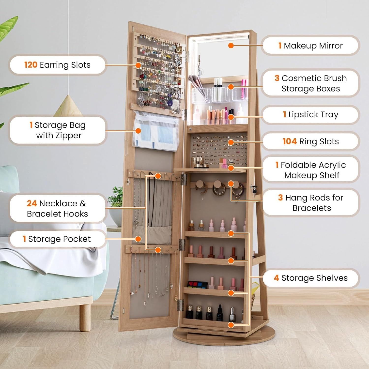 Natural Wood Rotating Jewelry Armoire LED Mirror Lockable Storage