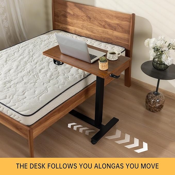 Electric Overbed Laptop Desk Walnut Top Height Adjustable Rolling Table
