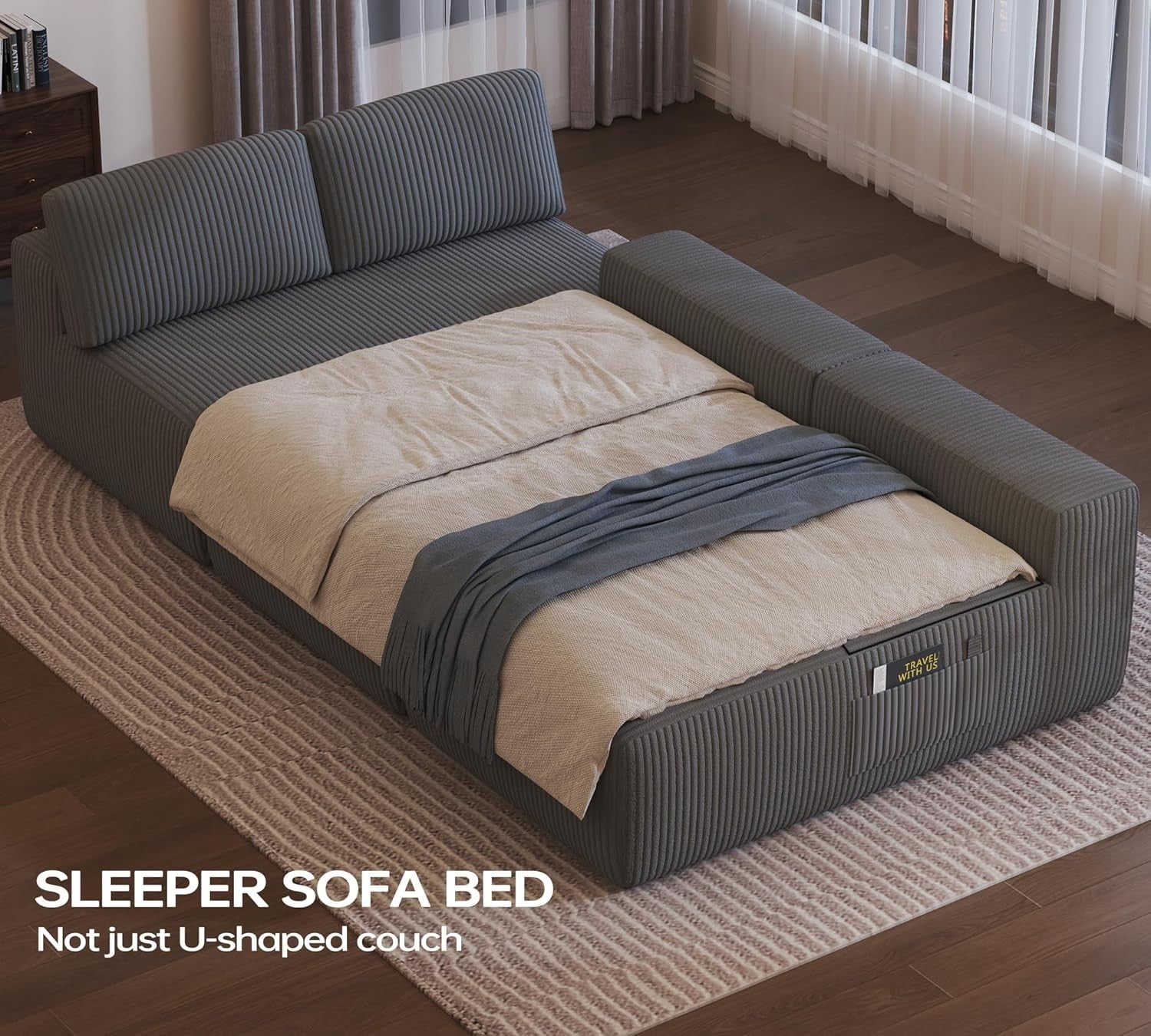 Modular U-Shaped Corduroy Sofa Bed with Memory Foam, Storage & No Assembly