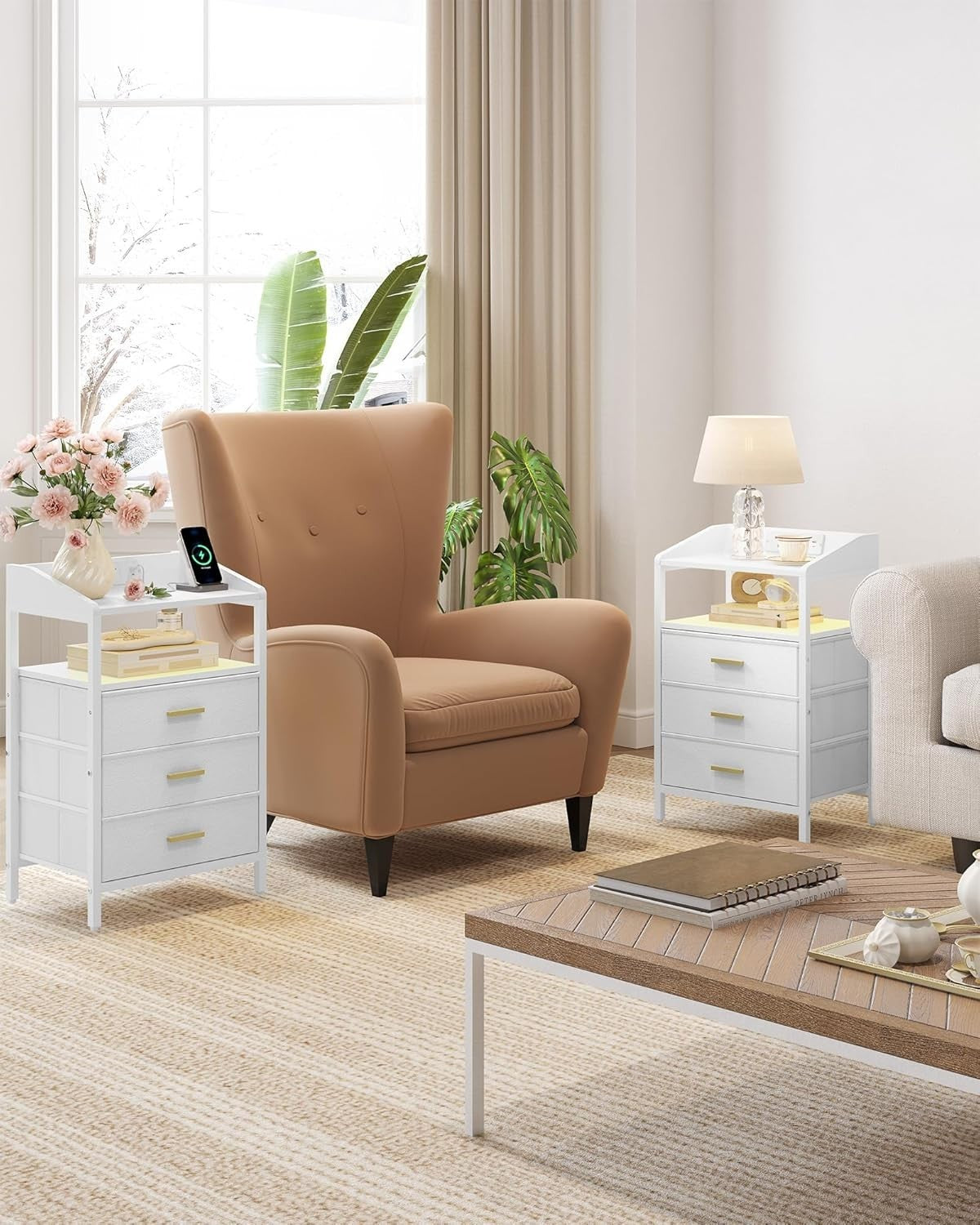White LED Bedside Table with USB Ports & 3 Drawers