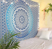 Blue Ombre Mandala Cotton Tapestry 213x230cm Boho Wall Decor