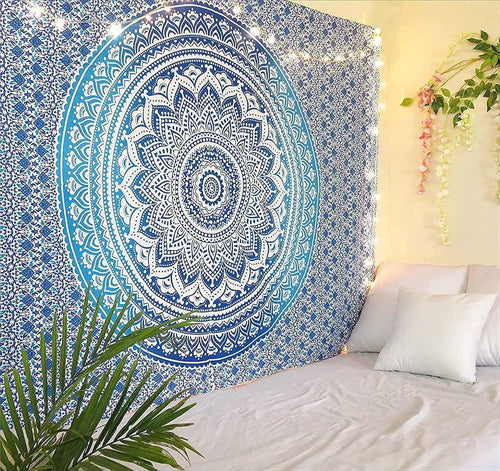 Blue Ombre Mandala Cotton Tapestry 213x230cm Boho Wall Decor