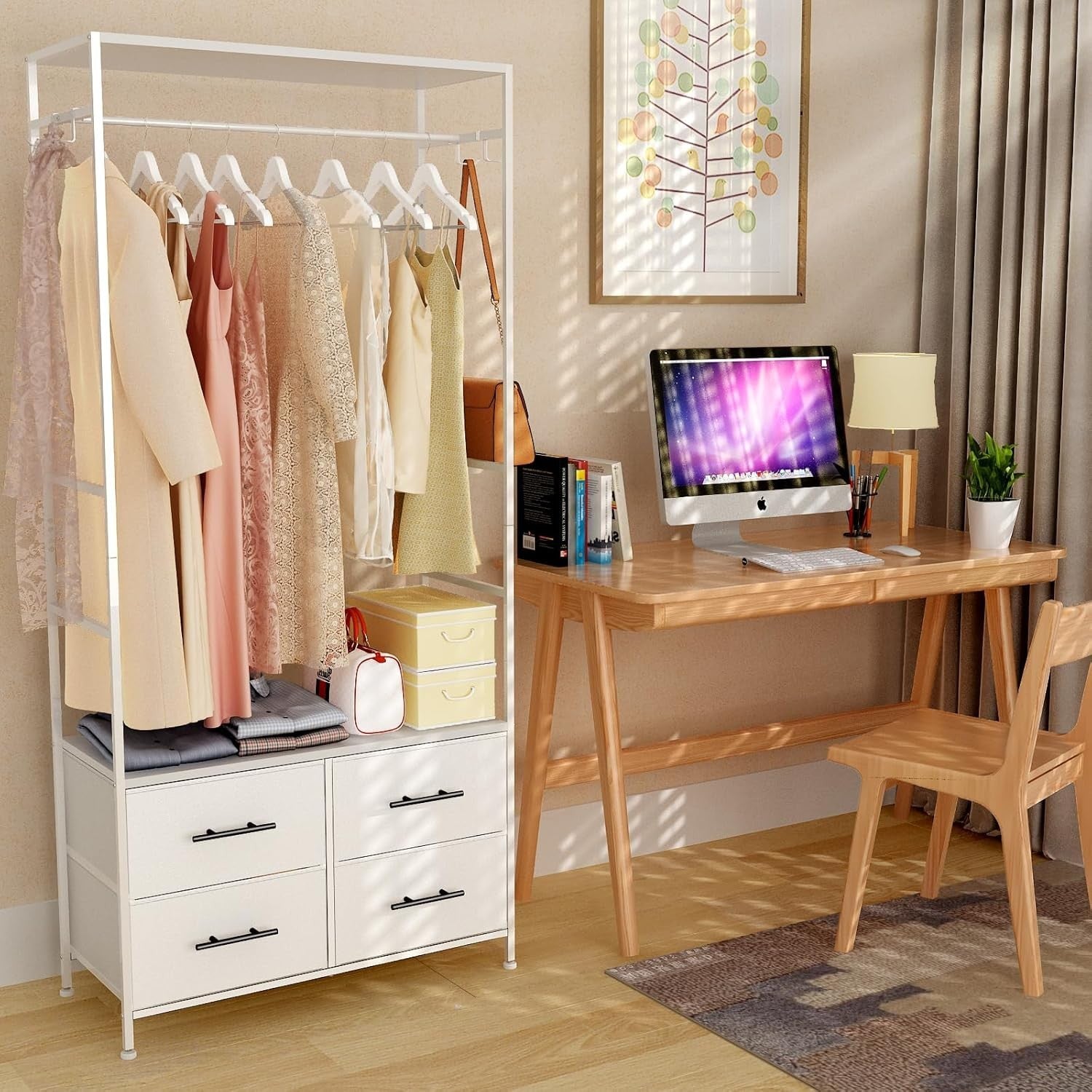 Open Wardrobe Clothes Rail with 4 Drawers & Hooks White