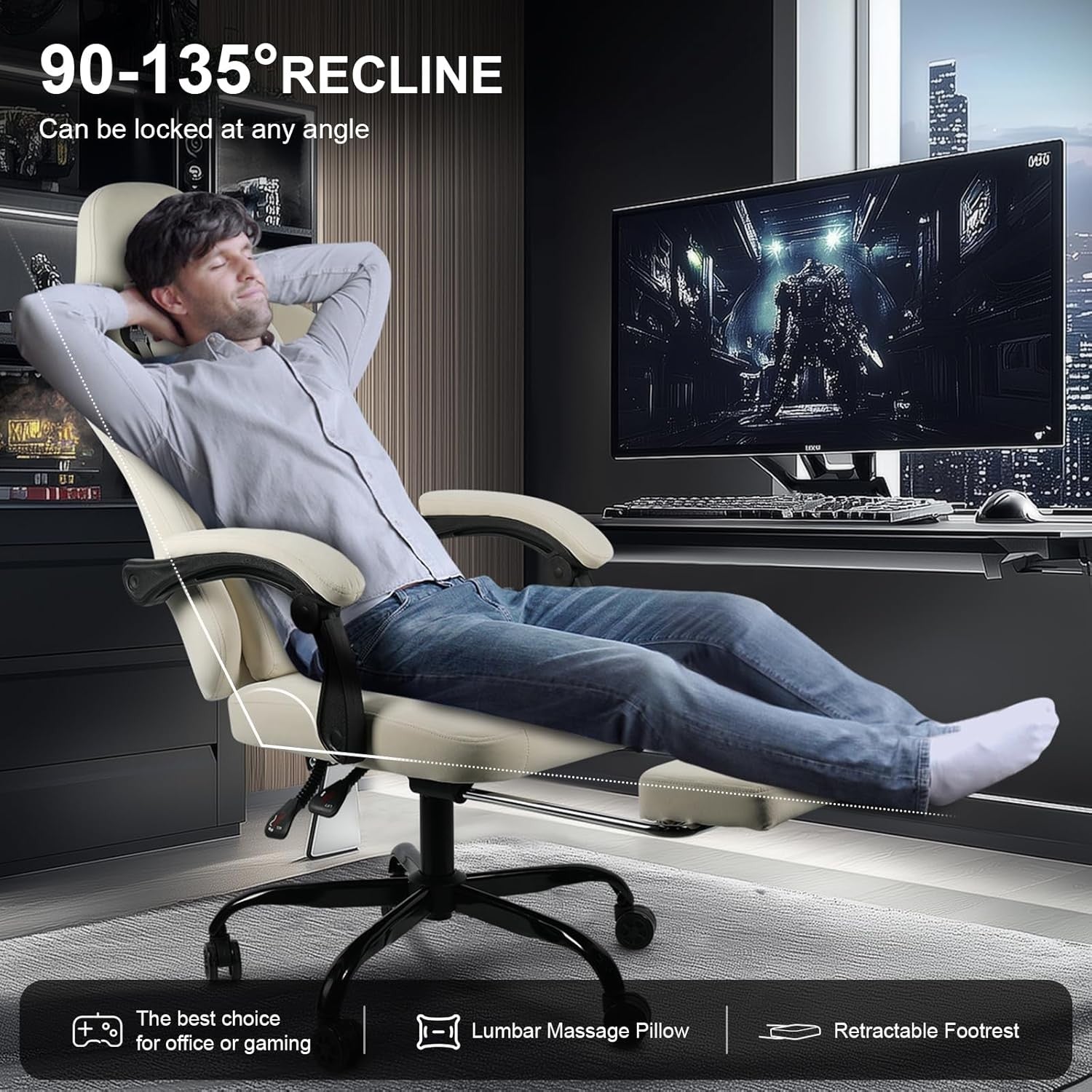 Gaming Chair with Footrest Massage Ergonomic Office Chair White