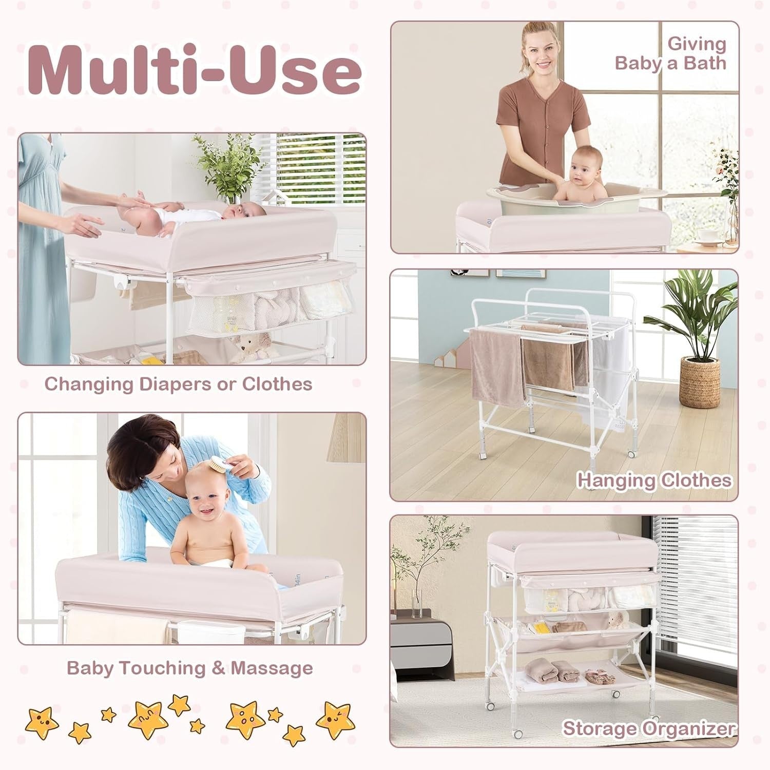 Baby Changing Table Folding Nursery Station with Wheels & Storage Beige