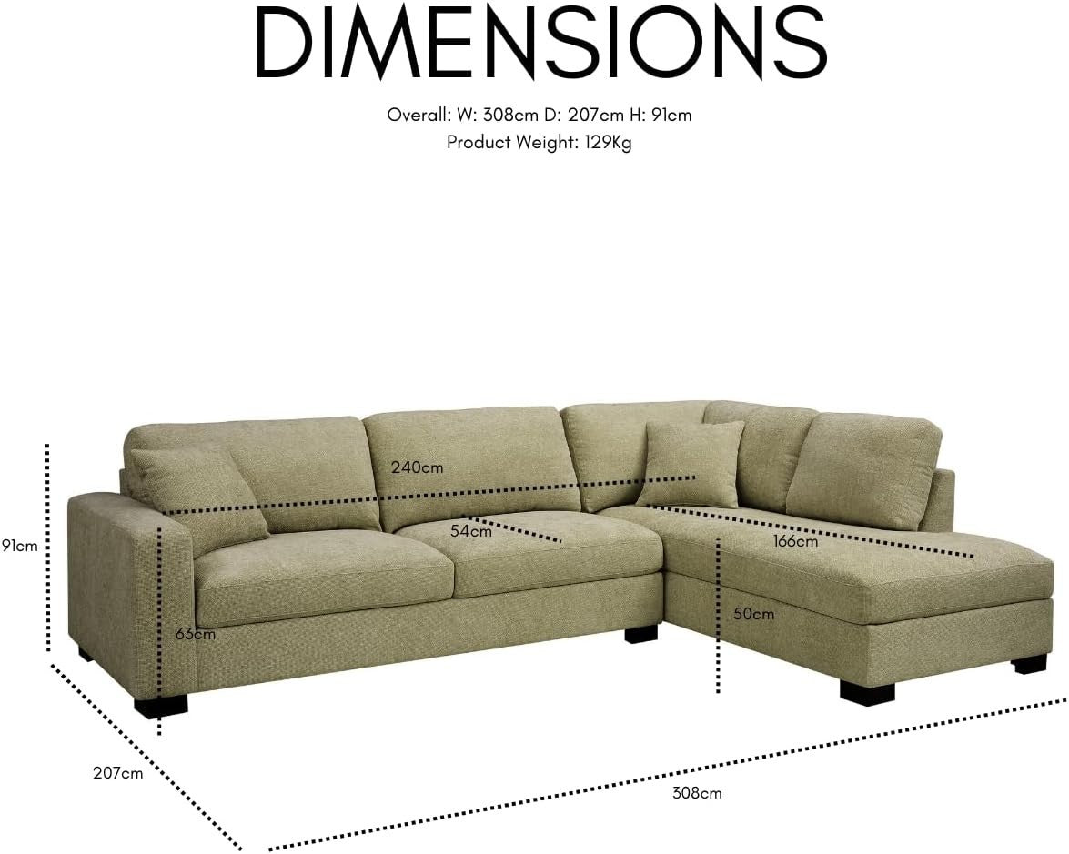 L-Shape Large Corner Sofa 5 Seater Sage Green Chenille Left Hand Facing