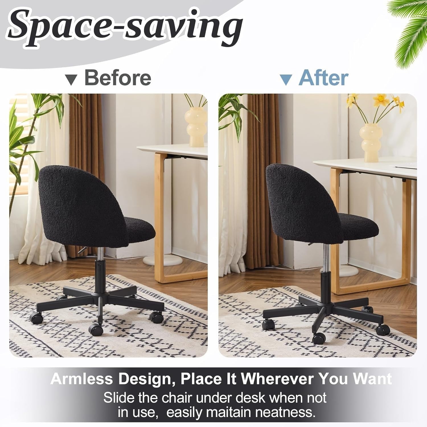 Black Faux Fur Swivel Desk Chair Adjustable Height Small Modern Vanity Seat