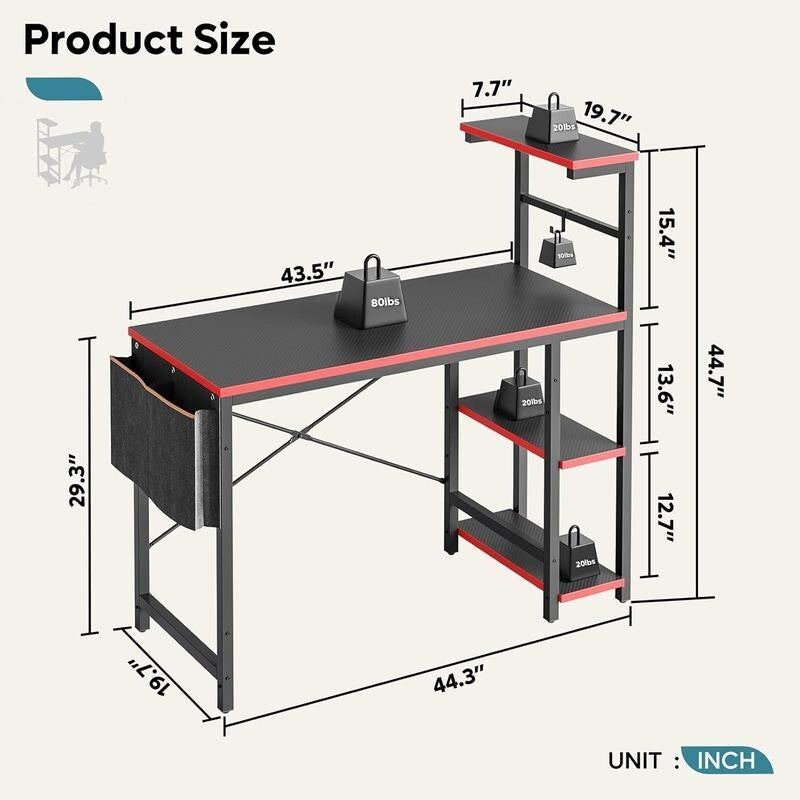 Gaming Desk 113CM LED Lights Shelves Reversible PC Table with Storage Bag