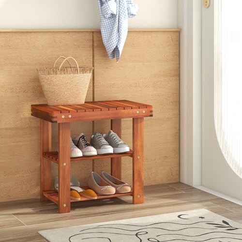 3-Tier Acacia Wood Shoe Rack Bench – Hallway Entryway Storage Seat