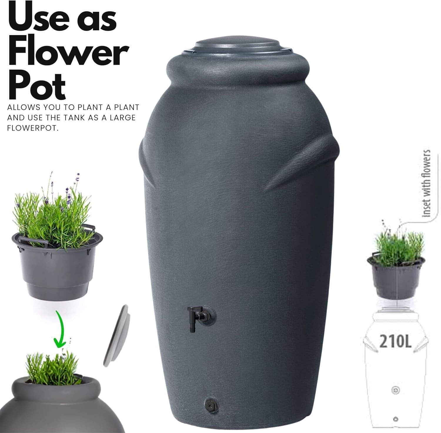 210L Amphora Water Butt With Tap Diverter Bio Cleaner Anthracite Garden
