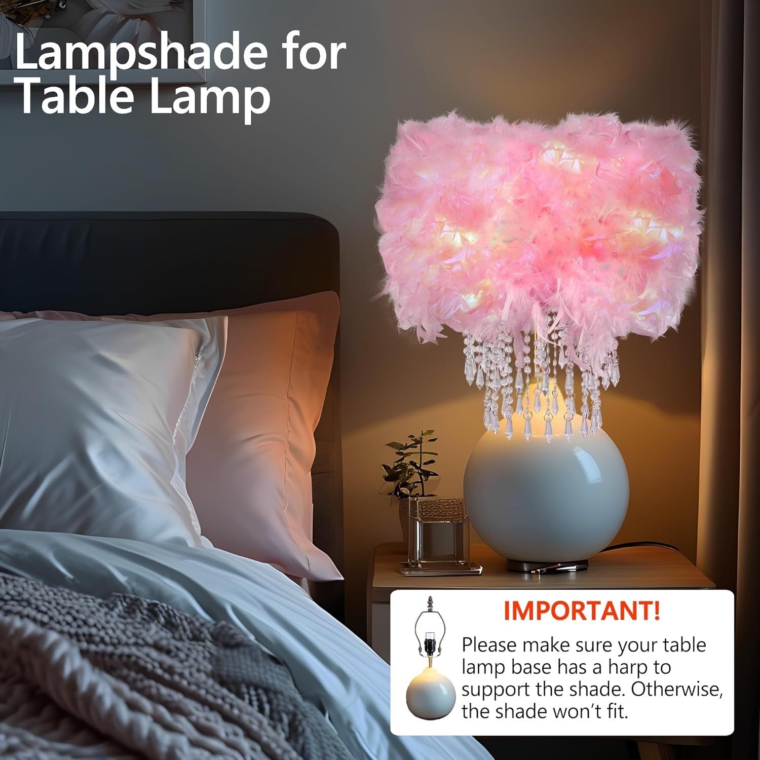 Pink Feather Lampshade Acrylic Beads Drum Ceiling Pendant Table Light