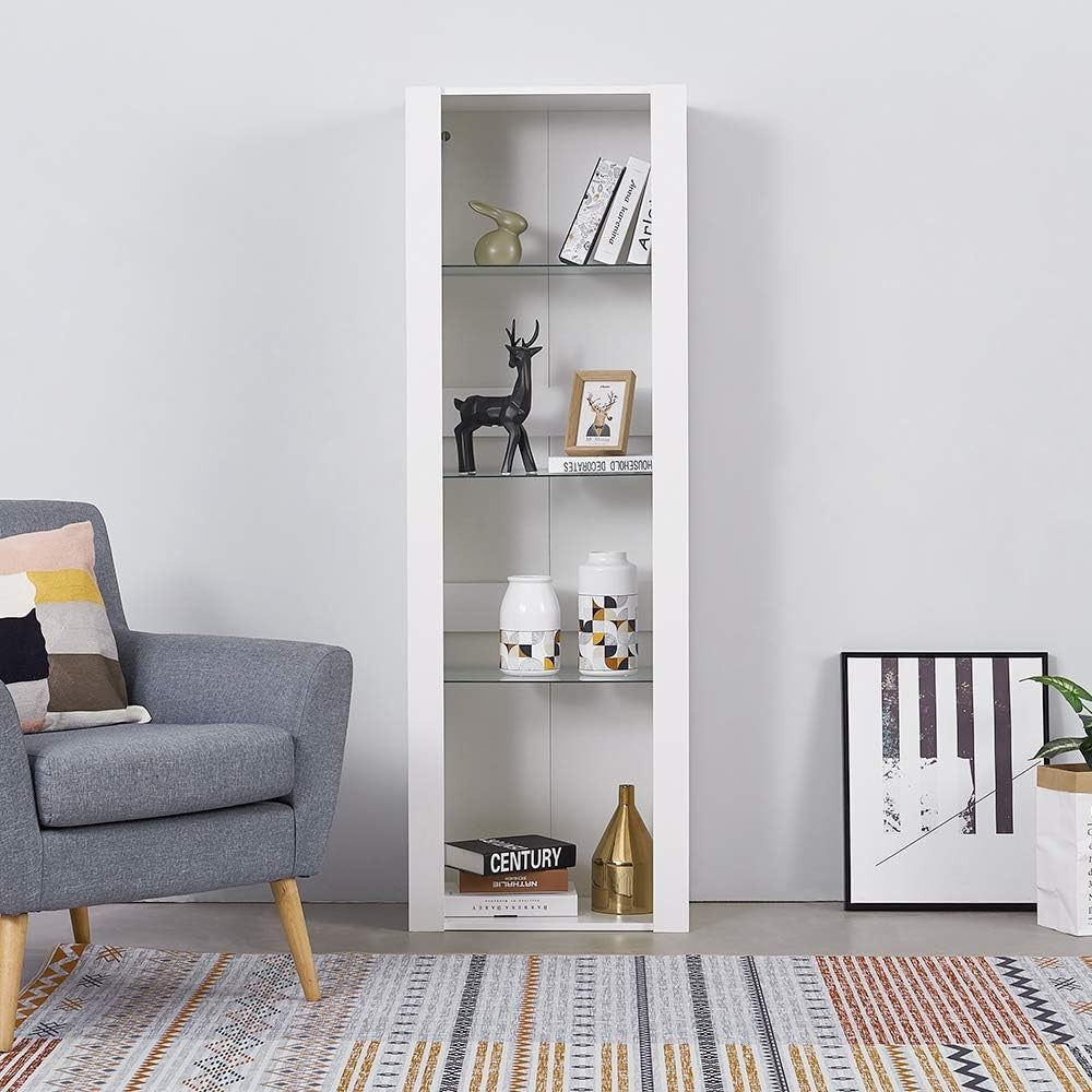 Tall LED Display Cabinet White Gloss Glass Shelves Modern Showcase Cupboard