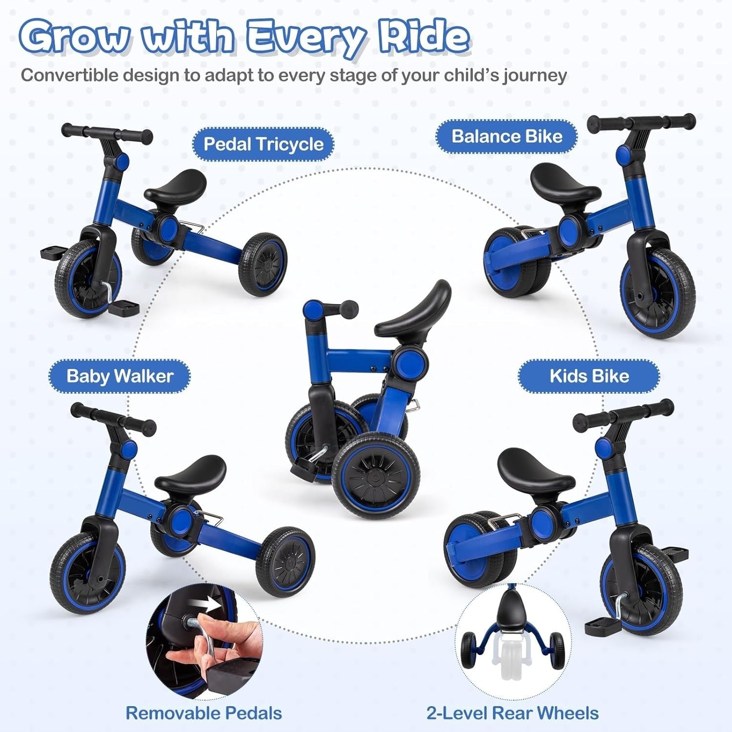 Kids Tricycle Balance Bike 2-4 Years Foldable Adjustable Handlebar Blue