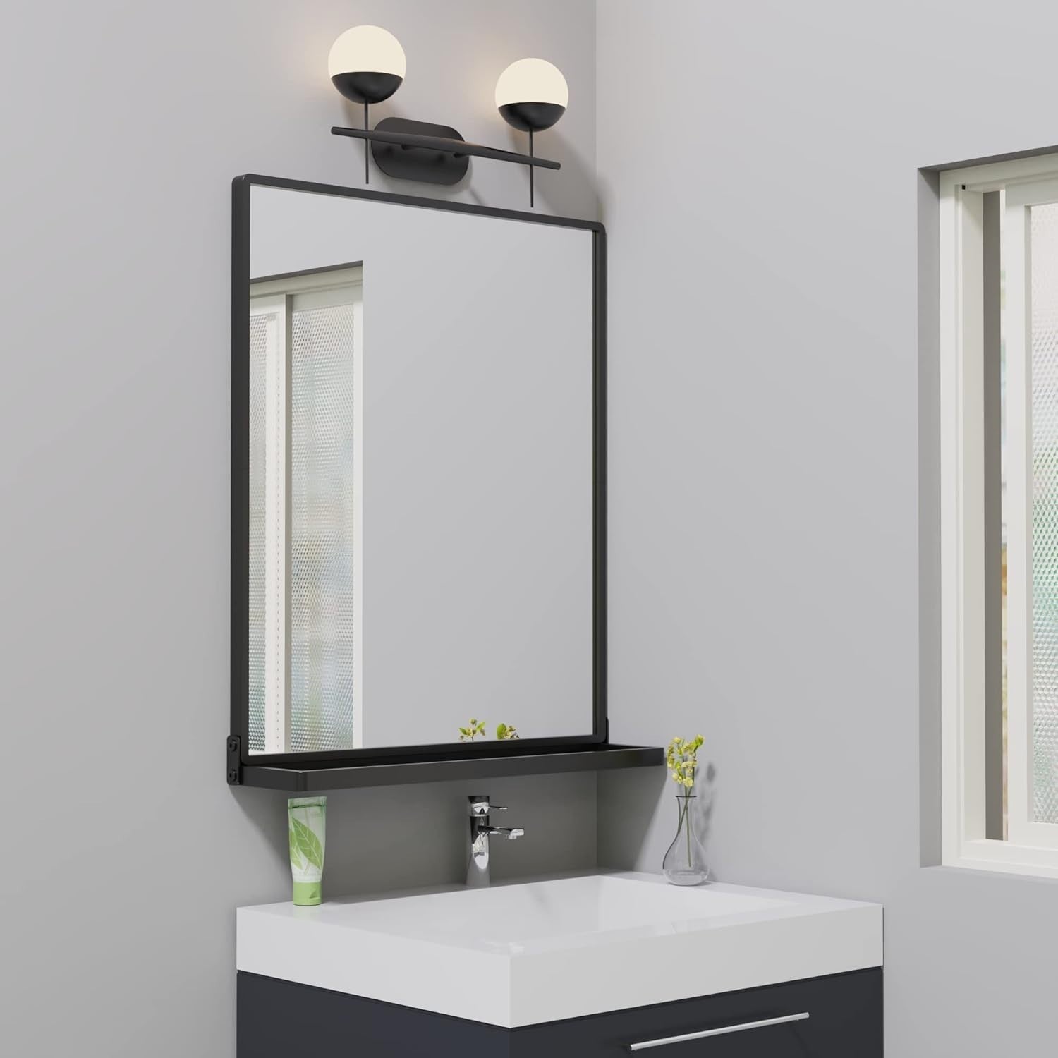 Modern Black Wall Mirror with Shelf 62x50cm – Sleek, Scratch-Resistant