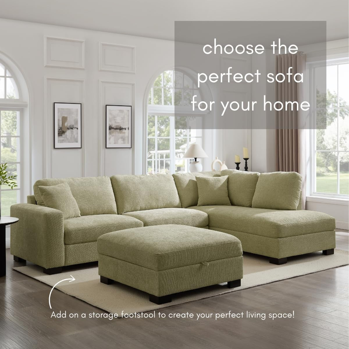 Sage Green Right Hand Corner Sofa – 5 Seater Chenille Couch w/ Footstool