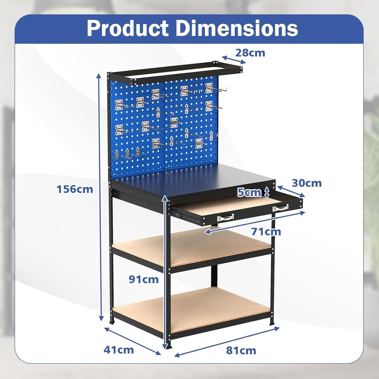 Heavy Duty Garage Workbench Pegboard Drawer Hooks Tool Station 81x41cm