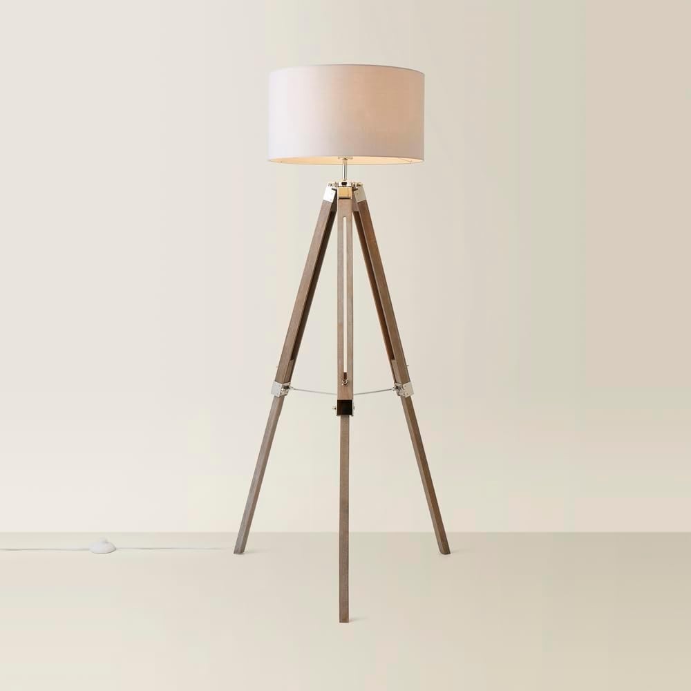Modern Tripod Floor Lamp with Grey Drum Shade, Wood & Chrome, 154cm
