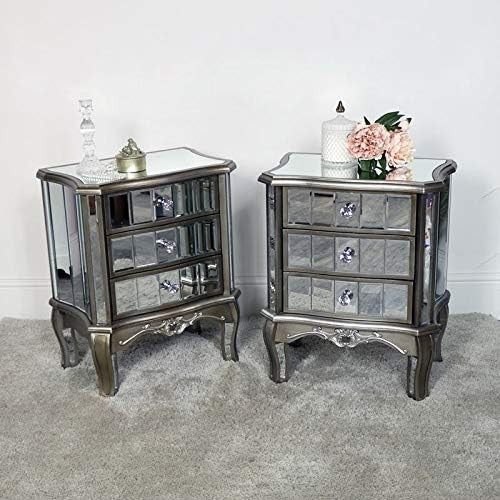 Set of 2 Mirrored Bedside Tables with 3 Drawers | Luxury Silver Nightstands