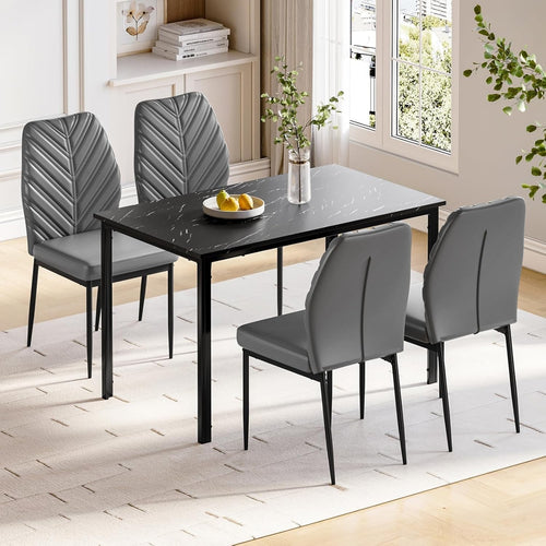 Modern Marble Dining Table Set 4 PU Chairs Black & Grey Leaf Pattern