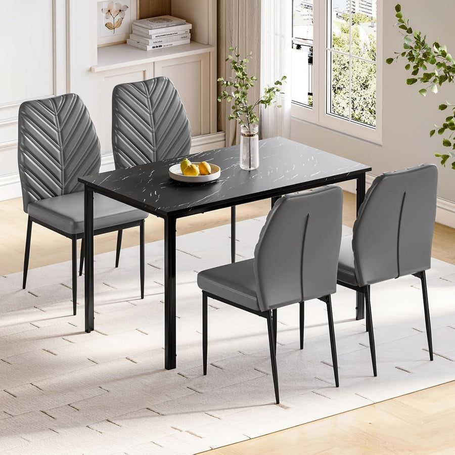 Modern Marble Dining Table Set 4 PU Chairs Black & Grey Leaf Pattern