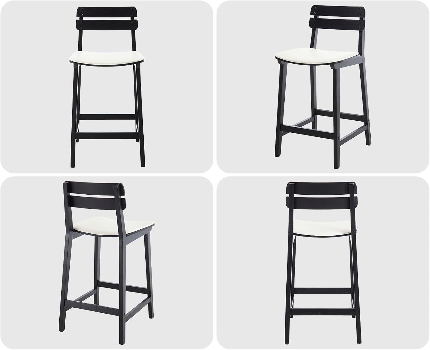 Wood Bar Stools Set of 2 Black PU Leather Vintage Counter Chairs