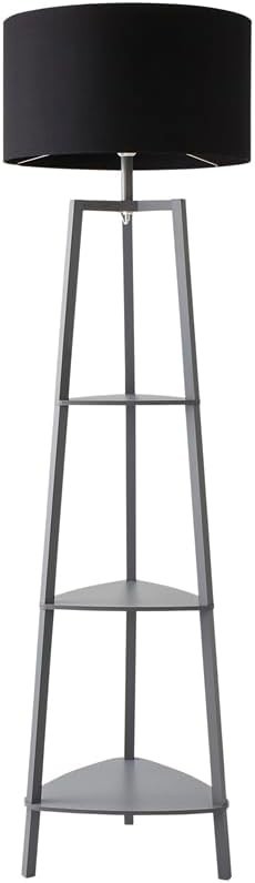 Modern Grey Wooden Floor Lamp with 3 Storage Shelves & LED Bulb, 156cm